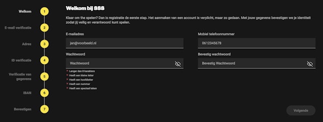 888 registratie stappen
