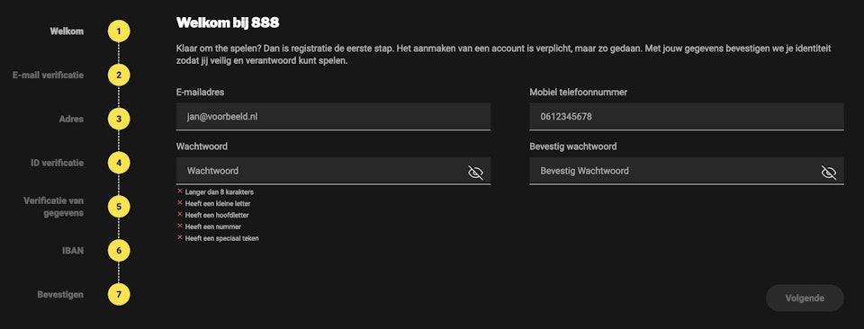 888 registratie stappen