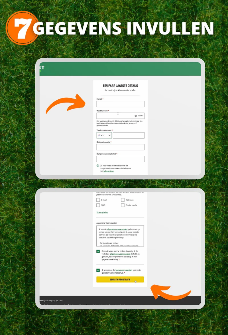 Schermafbeelding van het Unibet registratieformulier met velden voor persoonlijke gegevens