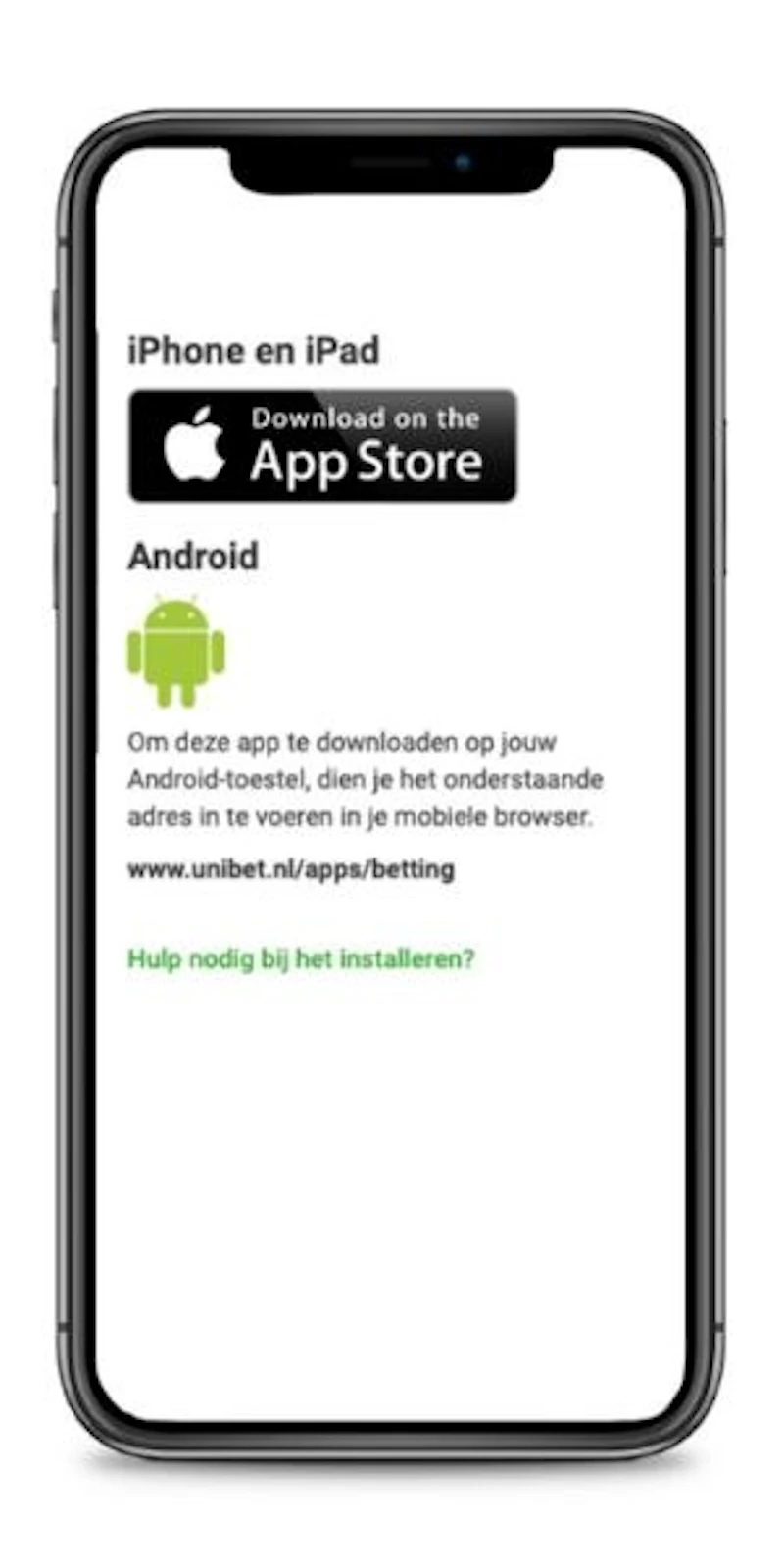 Schermafbeelding van de Unibet app installatieproces op een smartphone